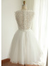 Boat Neck Ivory Lace Tulle Short Wedding Dress With Beaded Belt
